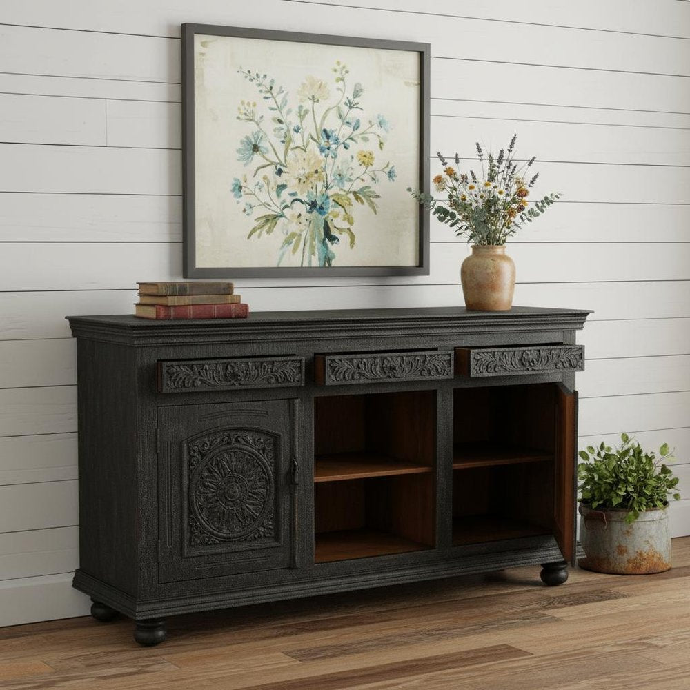 81" Black Distressed Solid Wood Carved Floral Three Drawer Sideboard With Three Doors