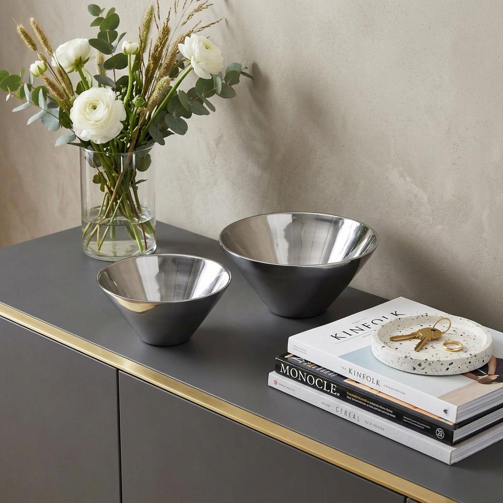 Set of Two Silver Aluminum Round Centerpiece Bowls
