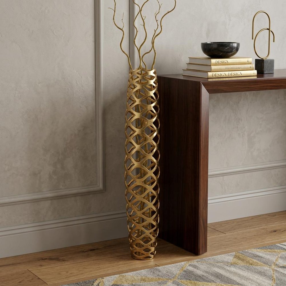 47" Gold Aluminum Pierced Geometric Cylinder Floor Vase