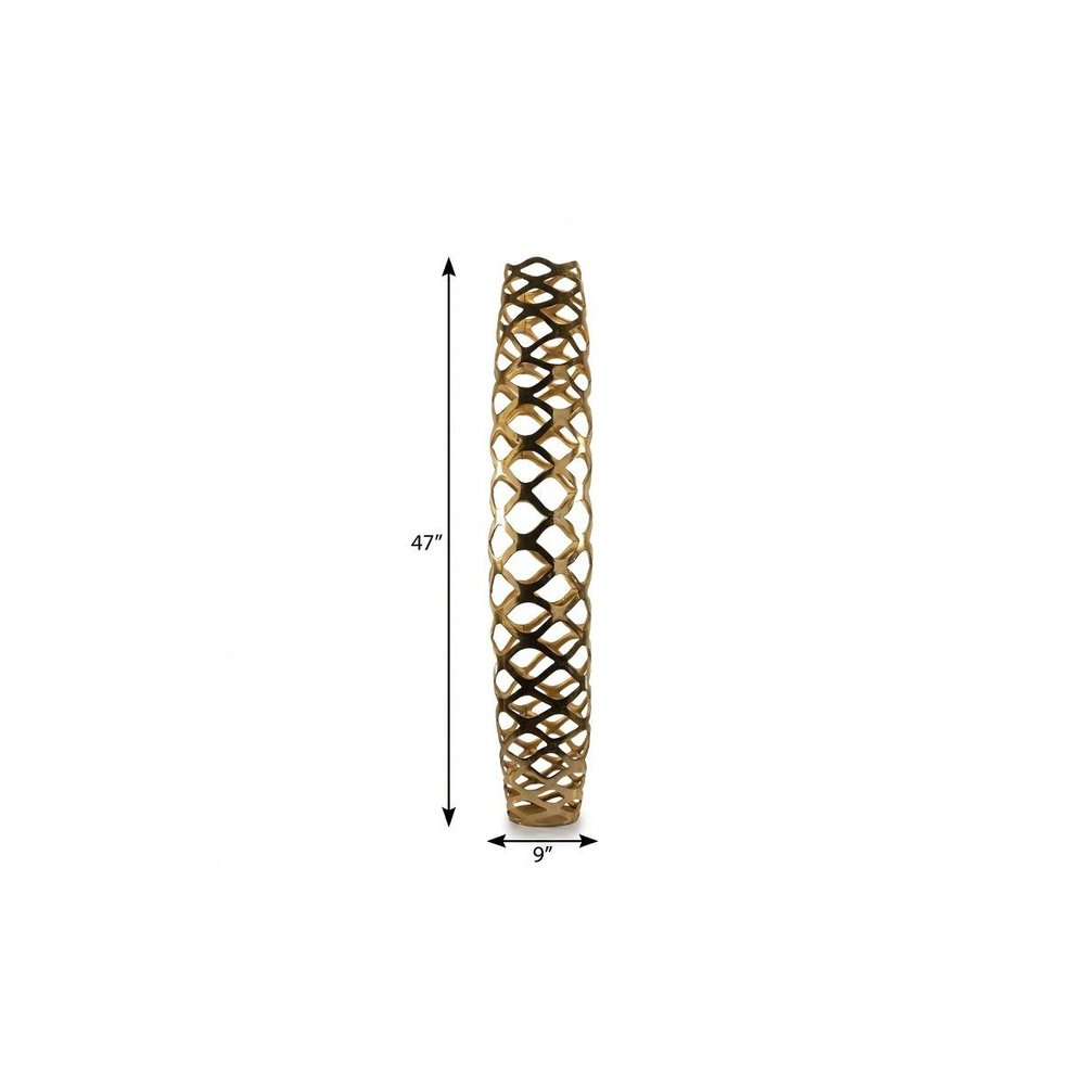 47" Gold Aluminum Pierced Geometric Cylinder Floor Vase