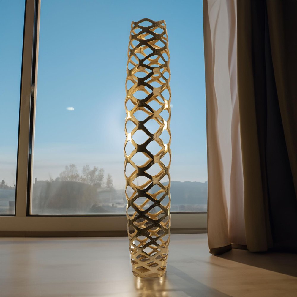 47" Gold Aluminum Pierced Geometric Cylinder Floor Vase