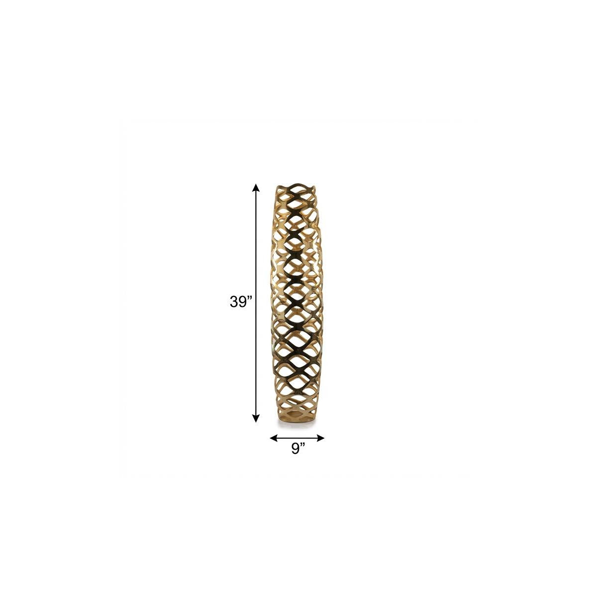 39" Gold Aluminum Pierced Geometric Cylinder Floor Vase