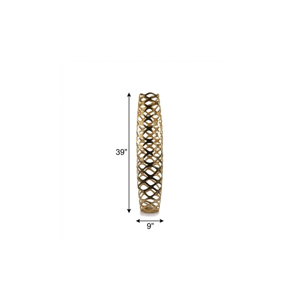 39" Gold Aluminum Pierced Geometric Cylinder Floor Vase