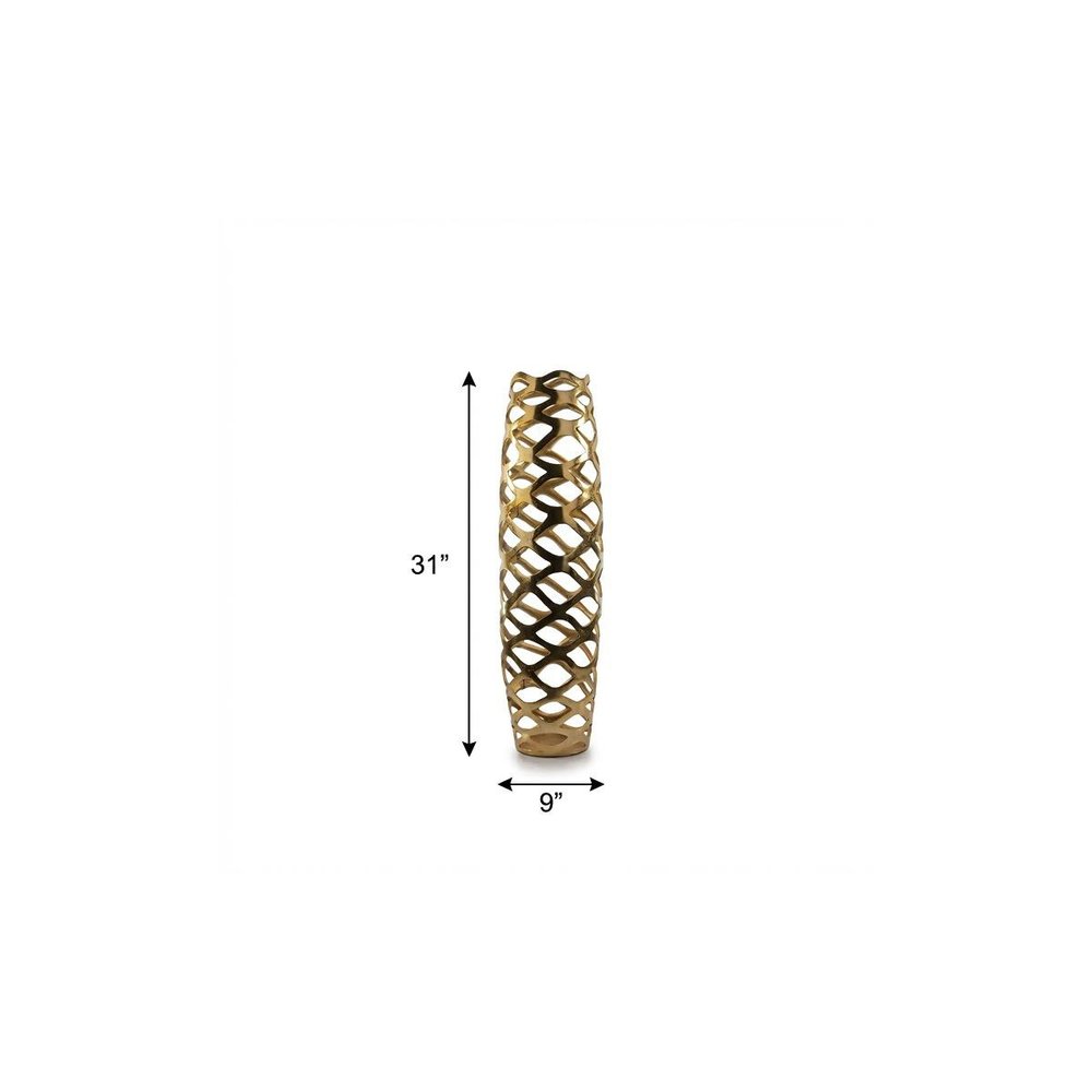 31" Gold Aluminum Pierced Geometric Cylinder Floor Vase