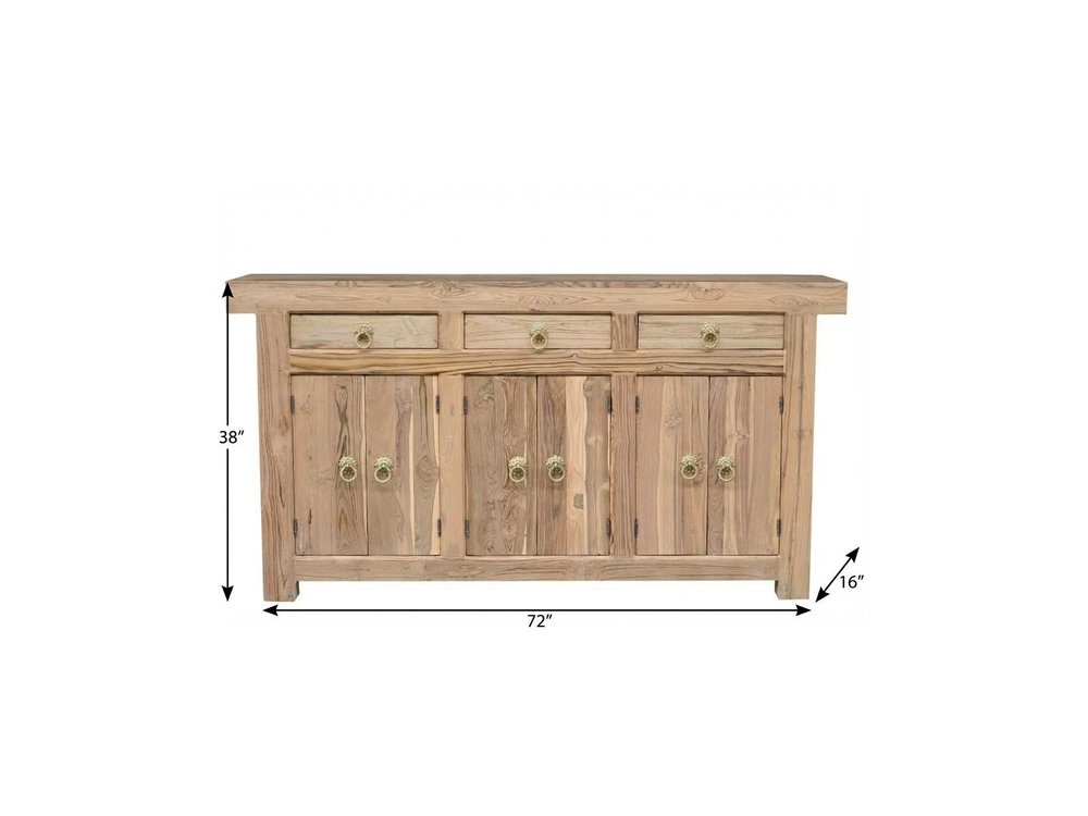 72" Brown Solid Wood Paneled Three Drawer Sideboard With Six Doors