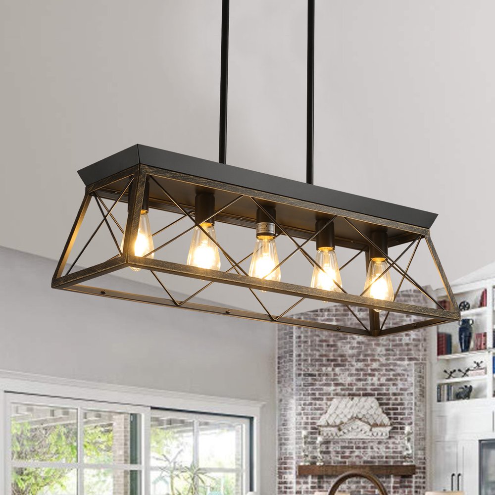 Black Geometric Kitchen Island Five Light Metal Ceiling Light