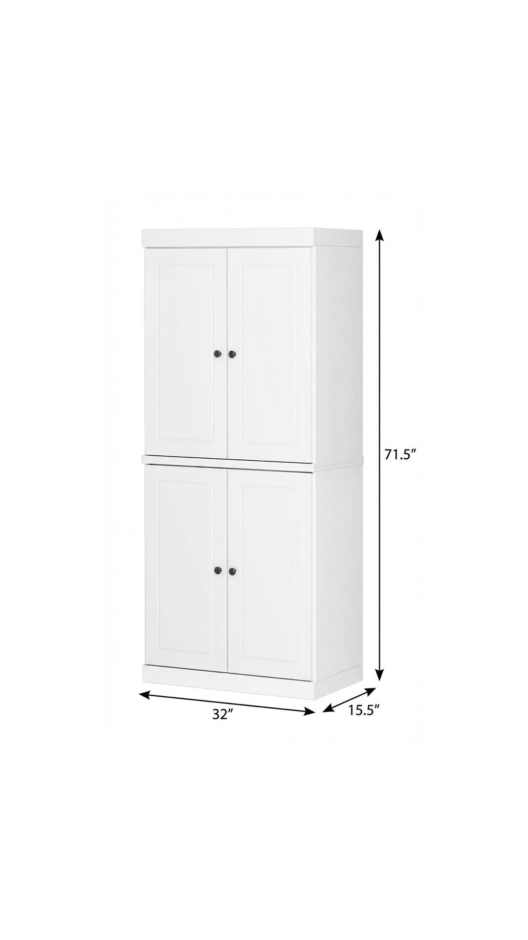 72" White Solid Wood Four Door Pantry Or Storage Closet