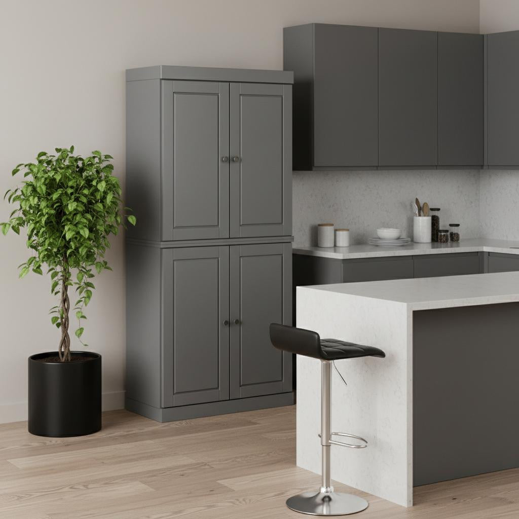 72" Gray Solid Wood Four Door Pantry Or Storage Closet