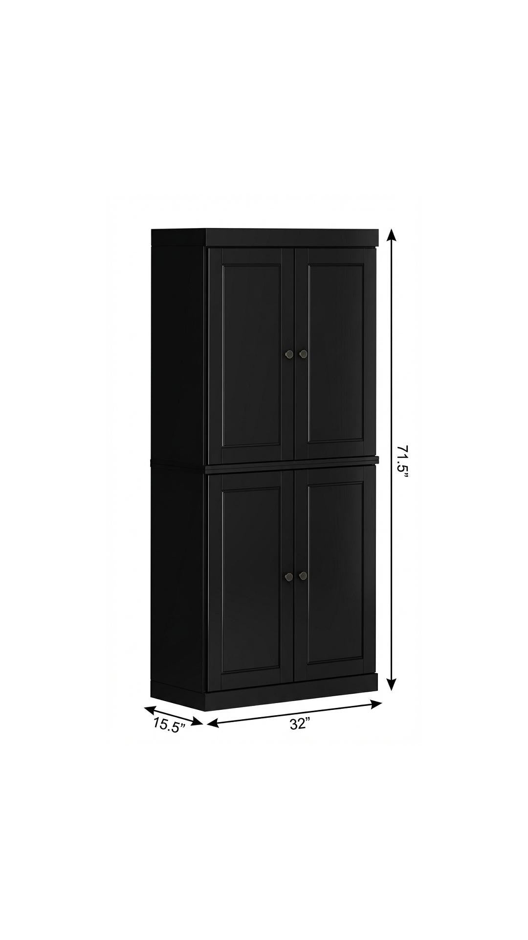 72" Black Solid Wood Four Door Pantry Or Storage Closet