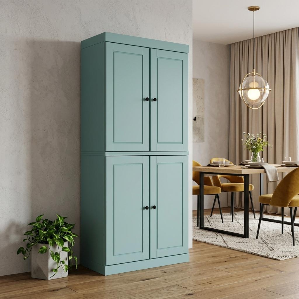 72" Aqua Solid Wood Four Door Pantry Or Storage Closet