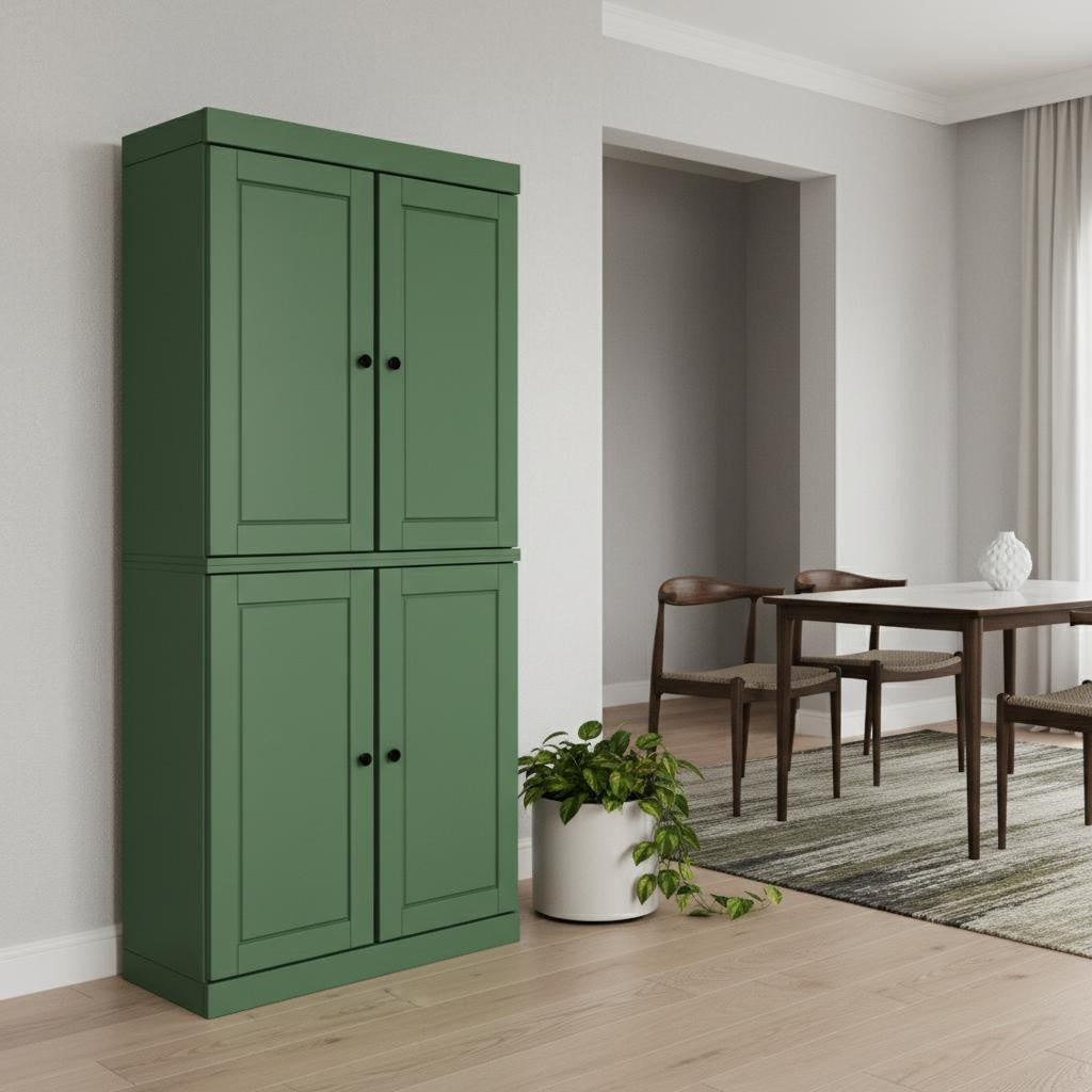 72" Green Solid Wood Four Door Pantry Or Storage Closet