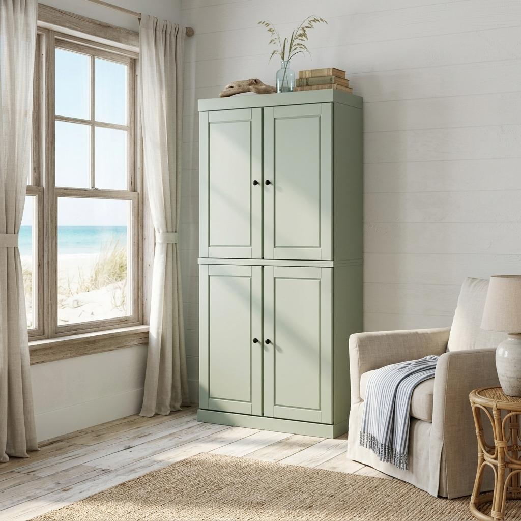 72" Sage Solid Wood Four Door Pantry Or Storage Closet