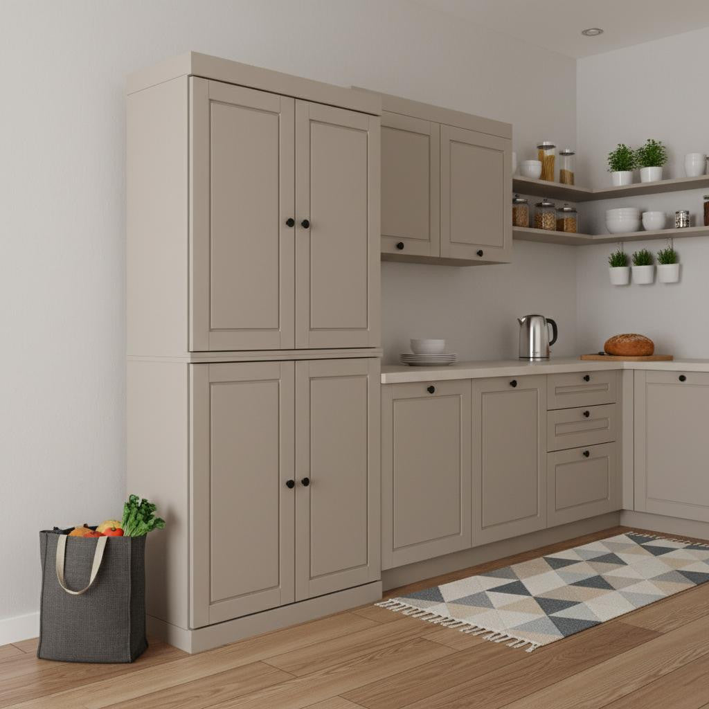 72" Beige Solid Wood Four Door Pantry Or Storage Closet