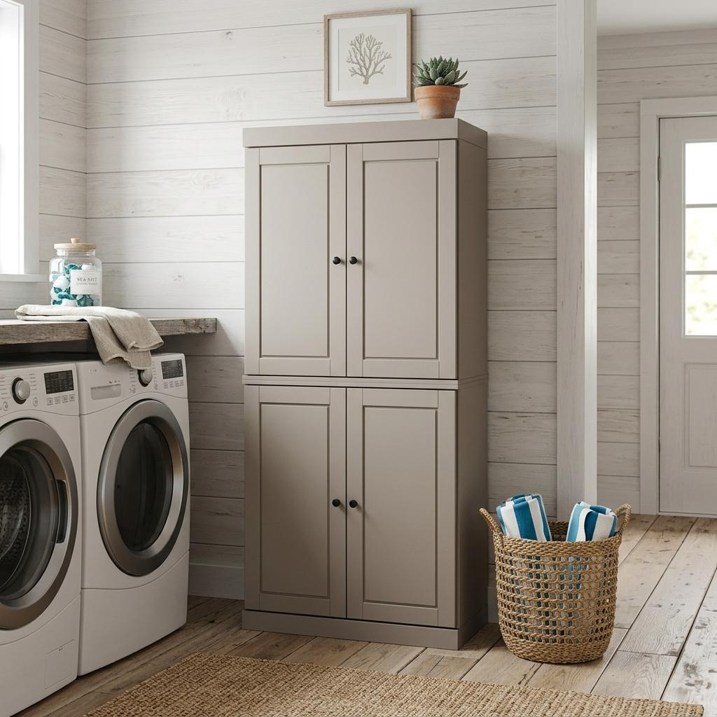72" Beige Solid Wood Four Door Pantry Or Storage Closet