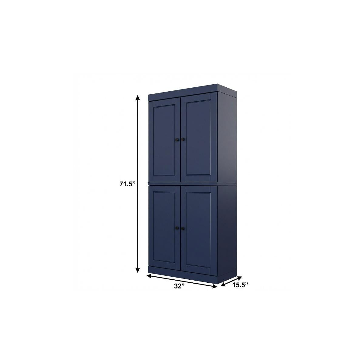 72" Navy Blue Solid Wood Four Door Pantry Or Storage Closet