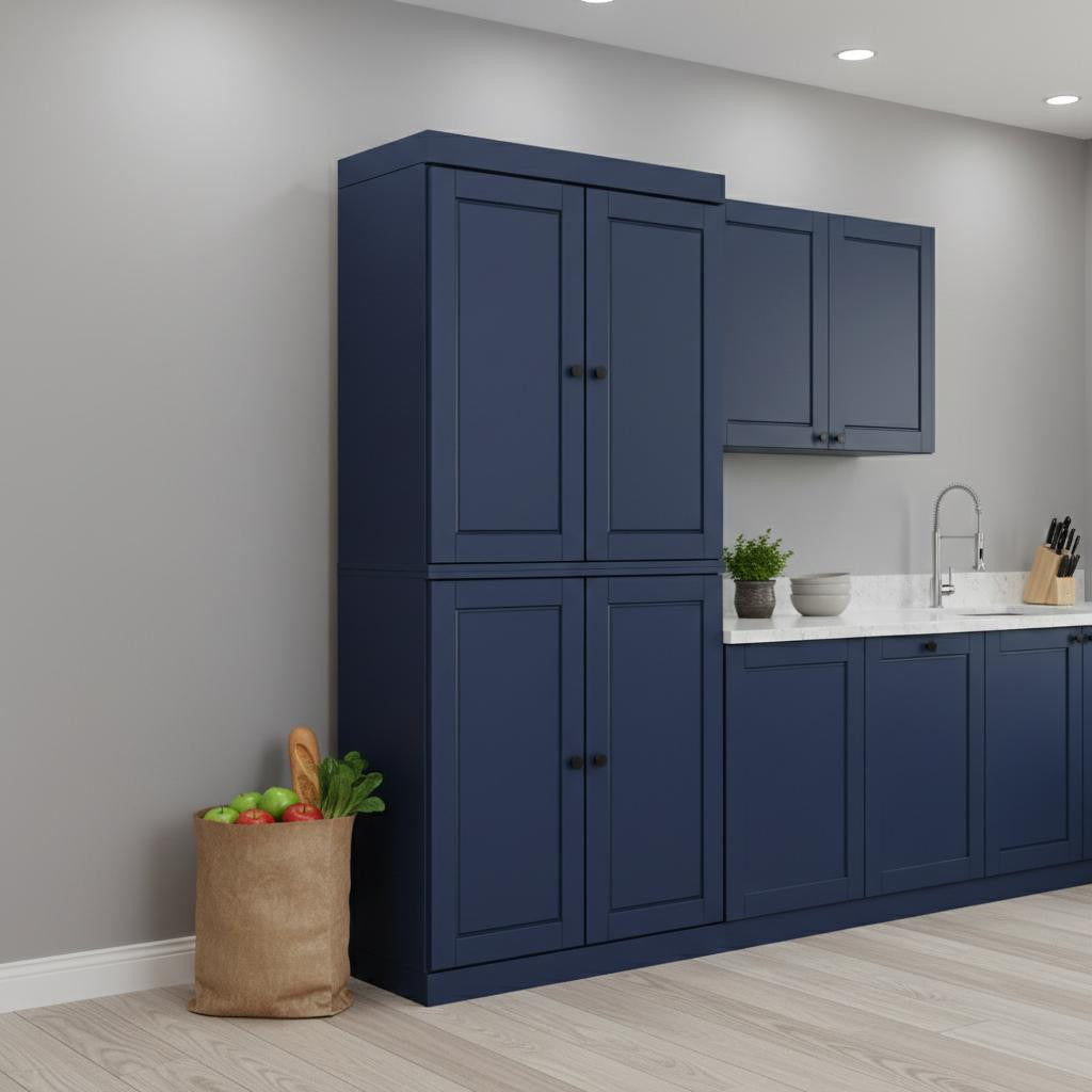 72" Navy Blue Solid Wood Four Door Pantry Or Storage Closet