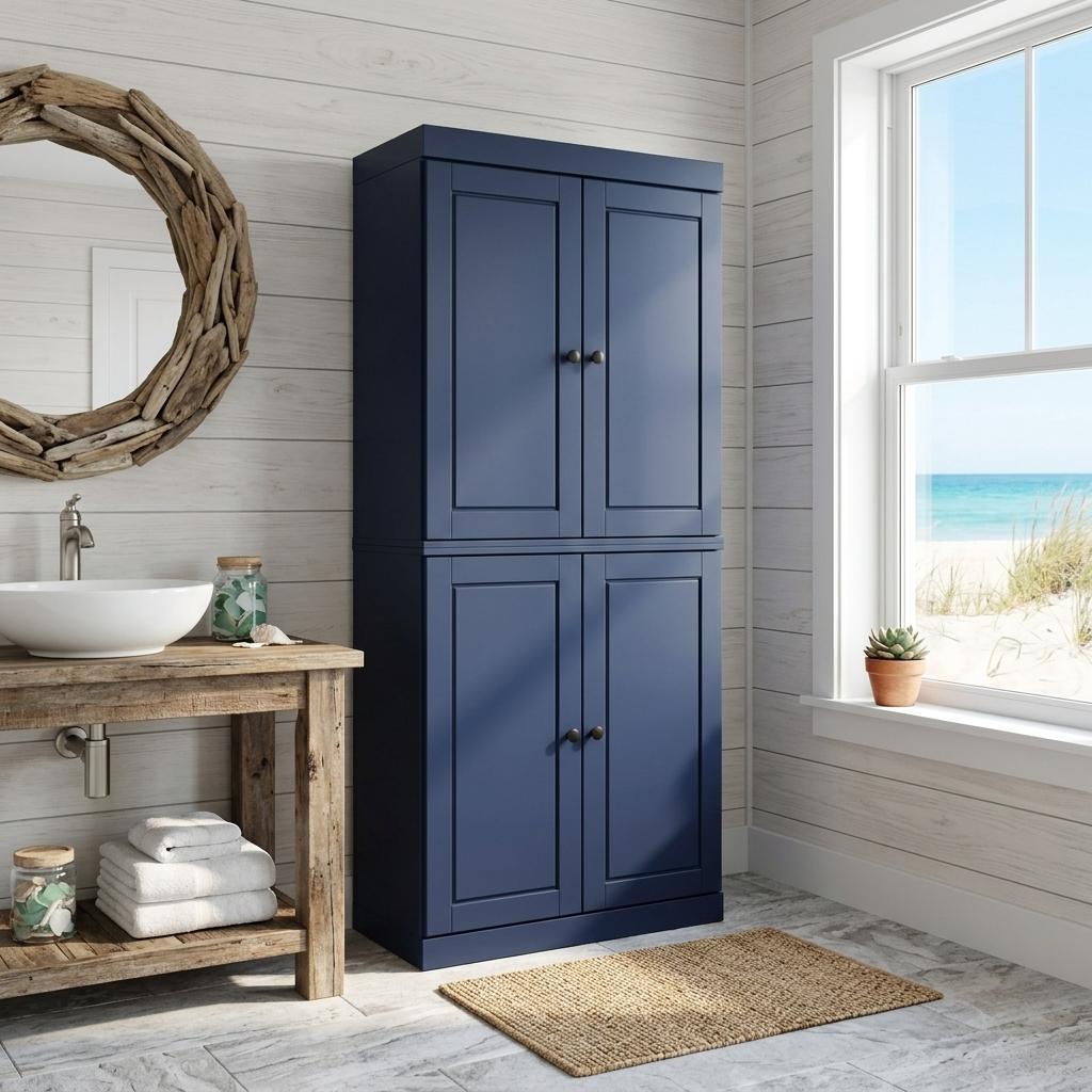 72" Navy Blue Solid Wood Four Door Pantry Or Storage Closet
