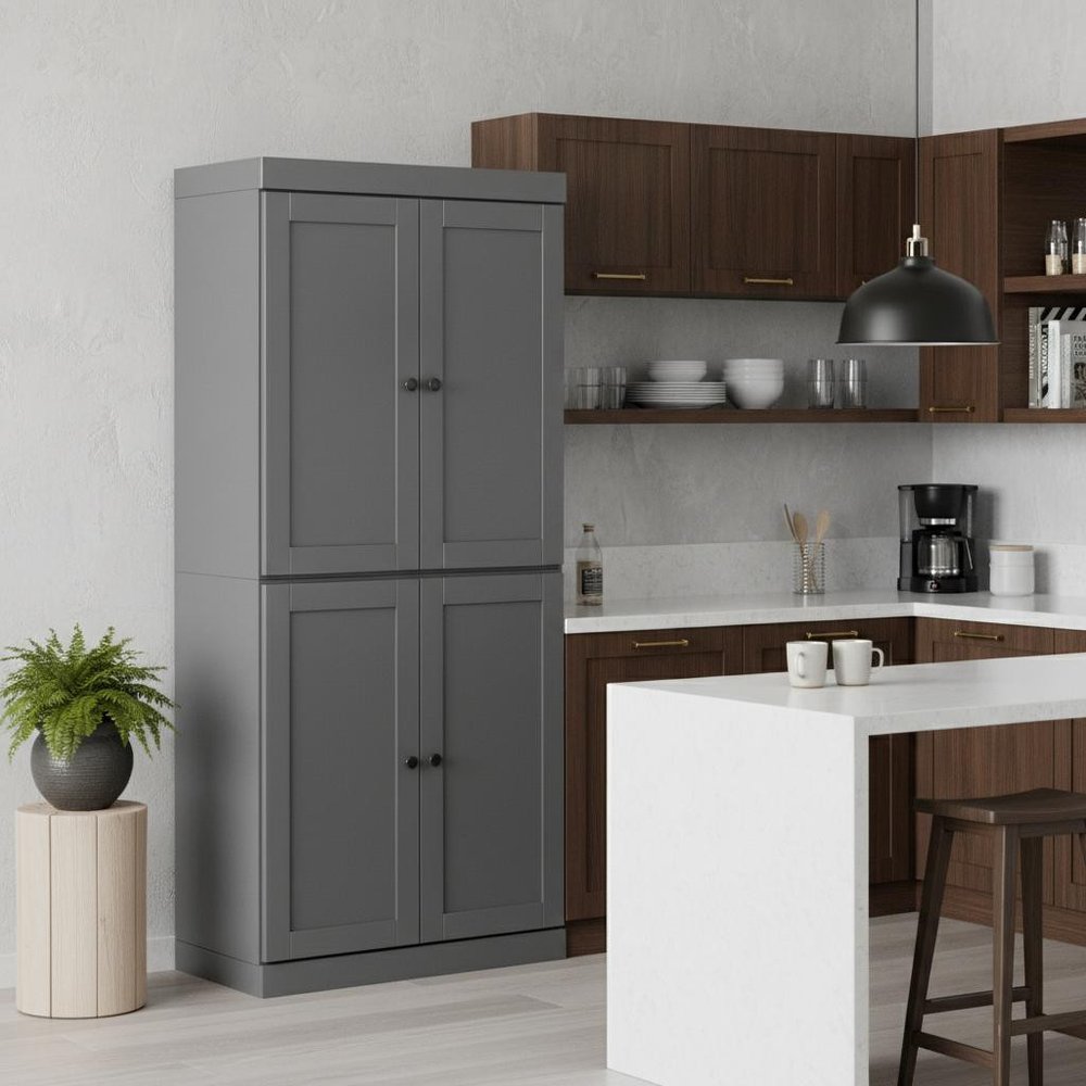 72" White Solid Wood Four Door Pantry Or Storage Closet