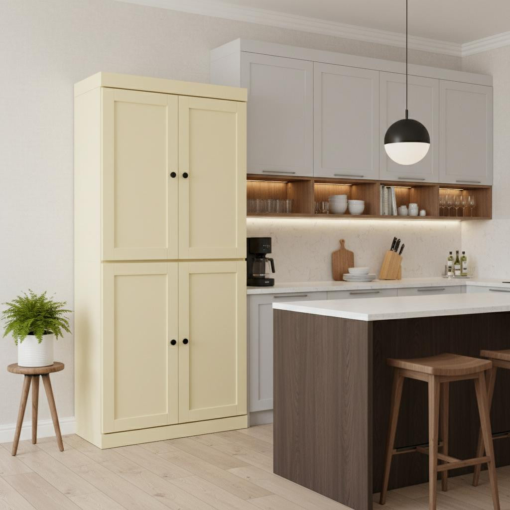 72" Yellow Solid Wood Four Door Pantry Or Storage Closet
