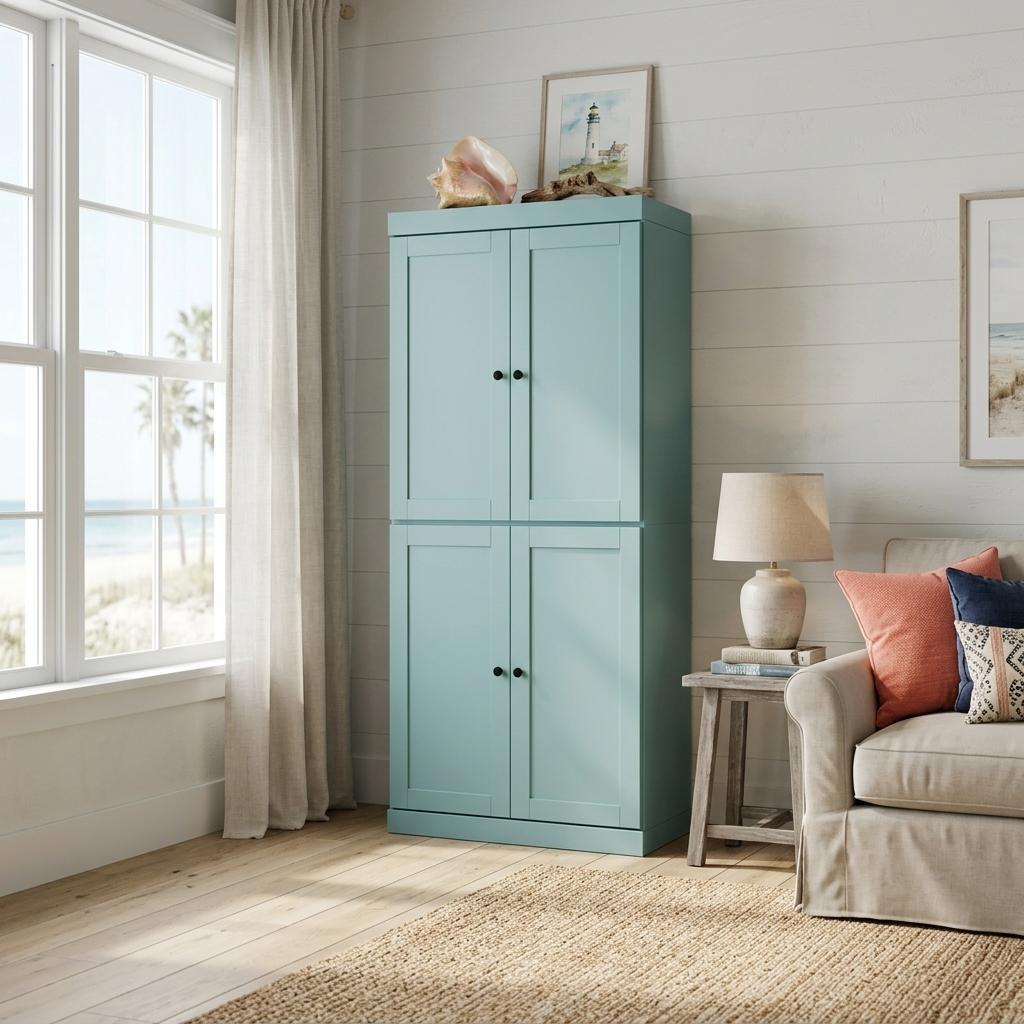 72" Aqua Solid Wood Four Door Pantry Or Storage Closet