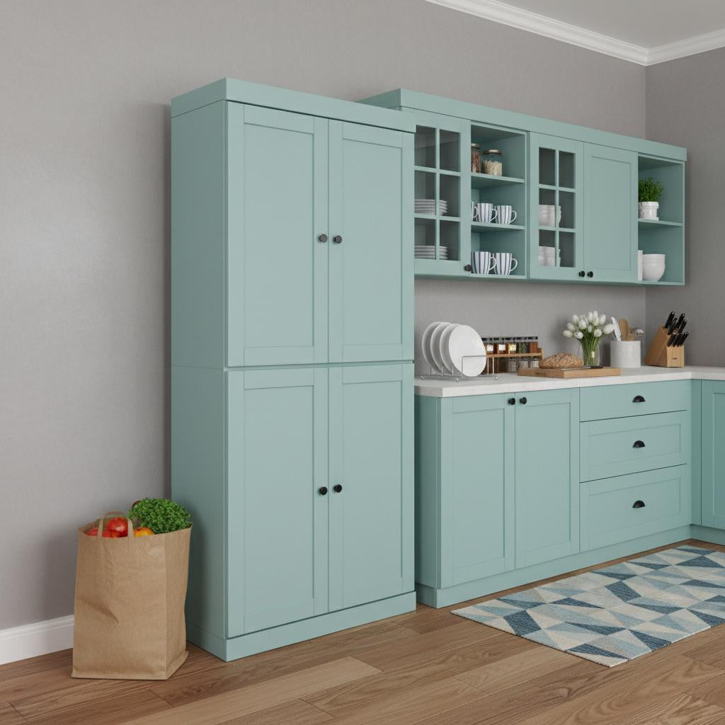 72" Aqua Solid Wood Four Door Pantry Or Storage Closet