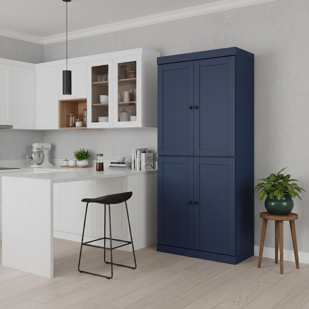 72" Teal Blue Solid Wood Four Door Pantry Or Storage Closet