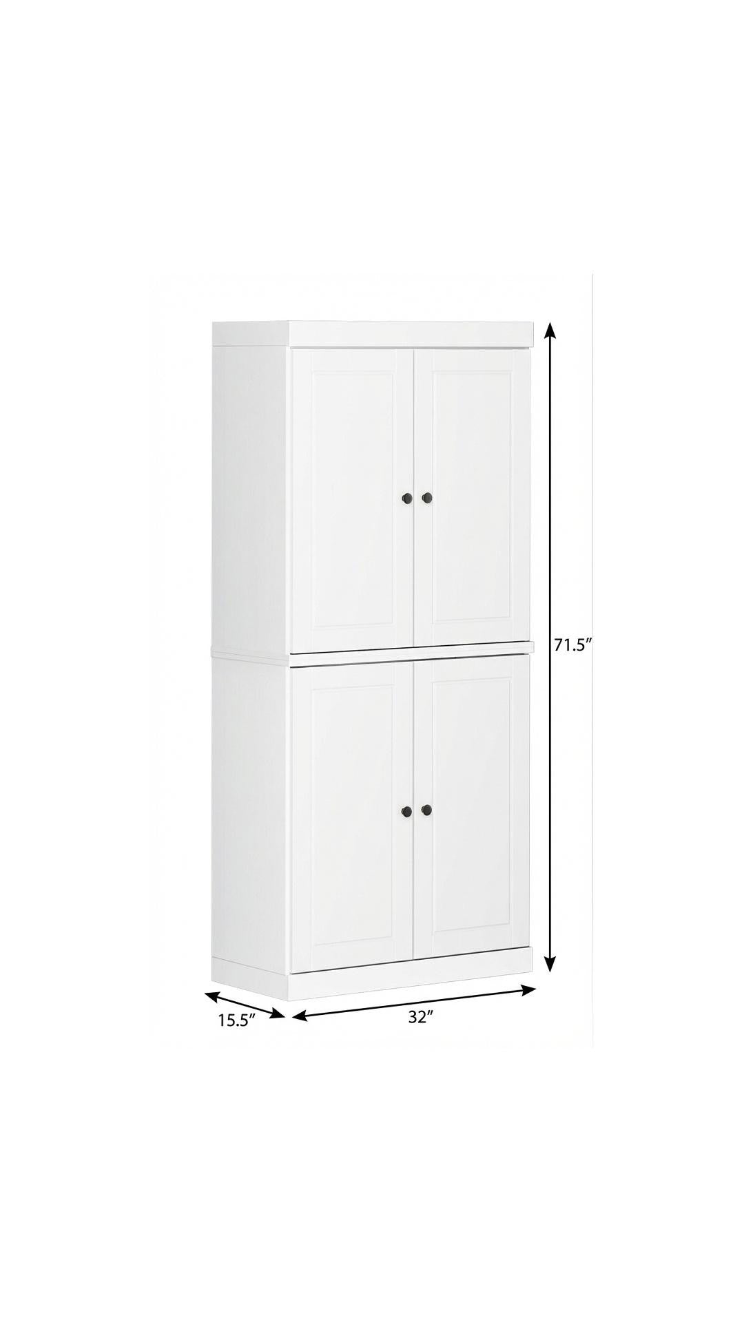 72" White Solid Wood Four Door Two Drawer Pantry Or Storage Closet