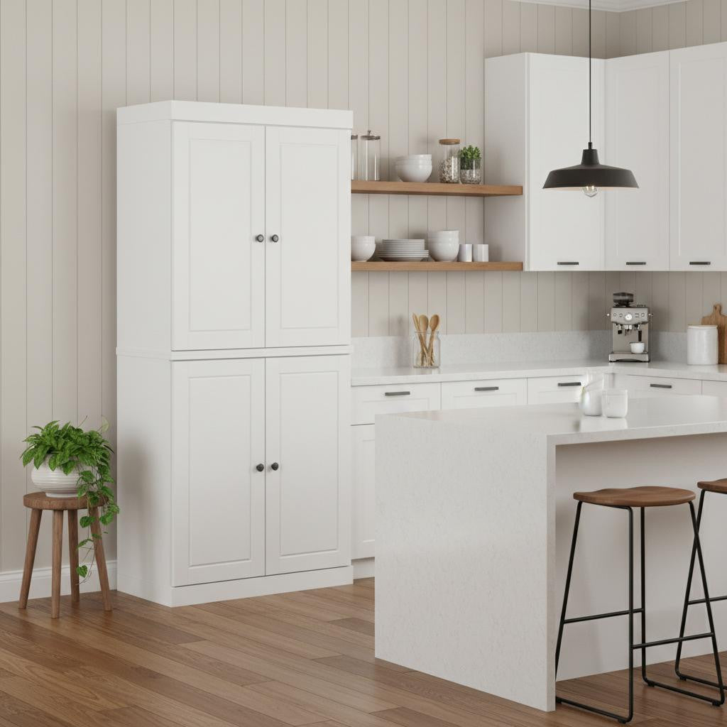 72" White Solid Wood Four Door Two Drawer Pantry Or Storage Closet