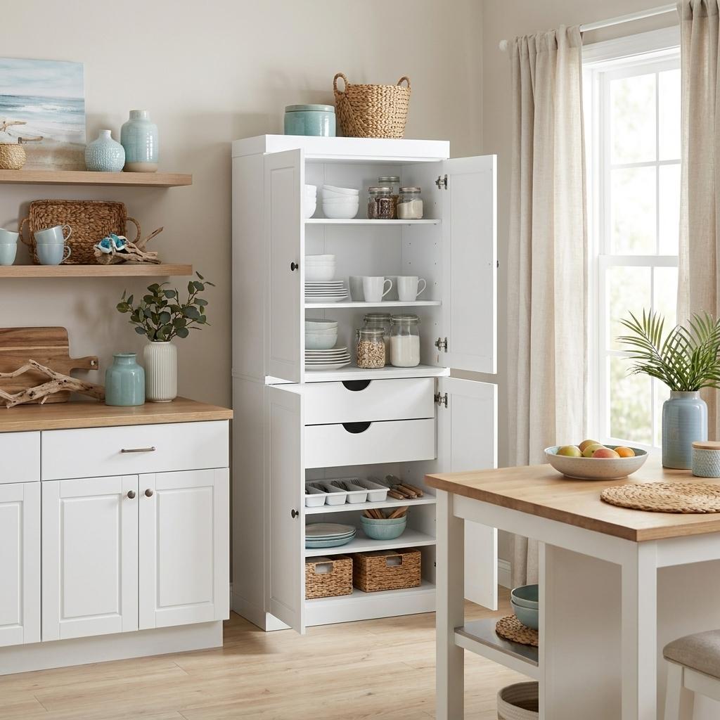 72" White Solid Wood Four Door Two Drawer Pantry Or Storage Closet