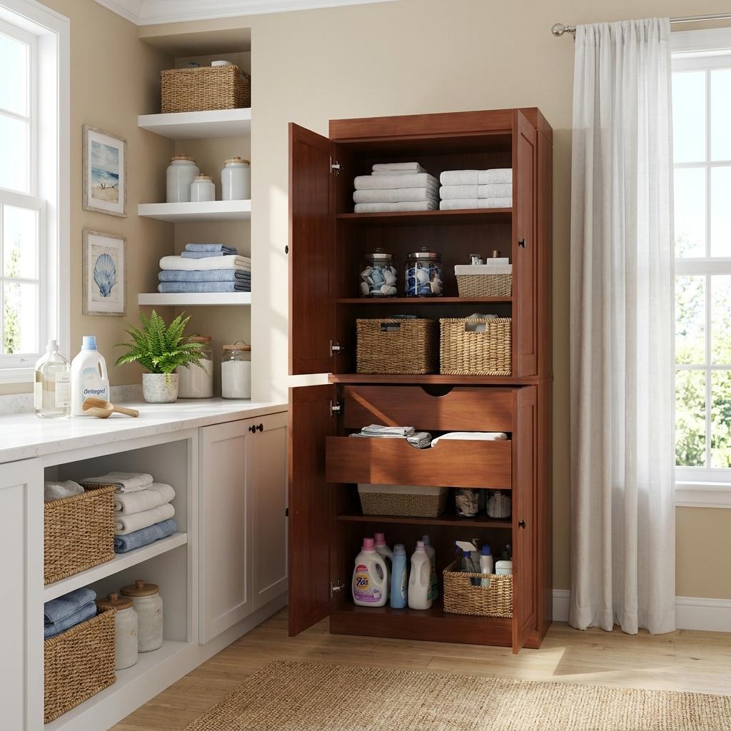 72" Coffee Solid Wood Four Door Two Drawer Pantry Or Storage Closet