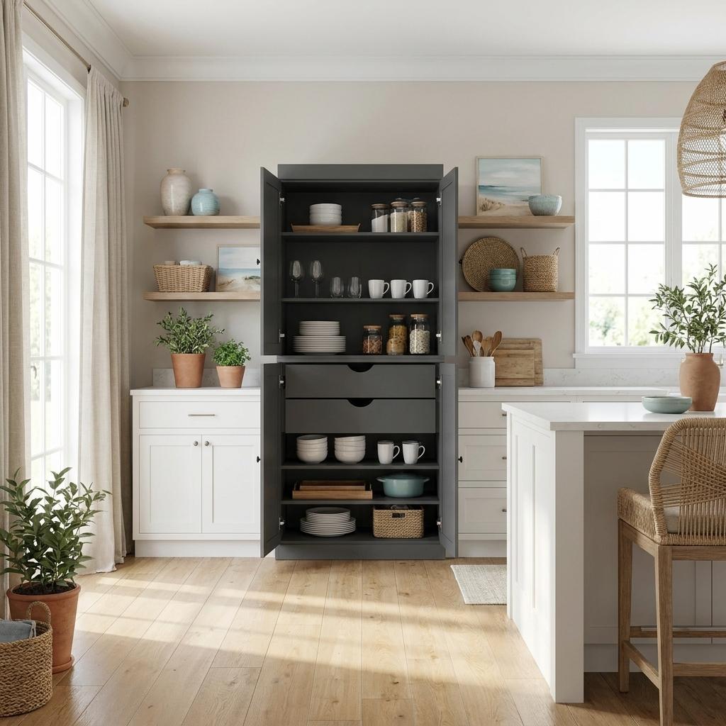 72" Gray Solid Wood Four Door Two Drawer Pantry Or Storage Closet