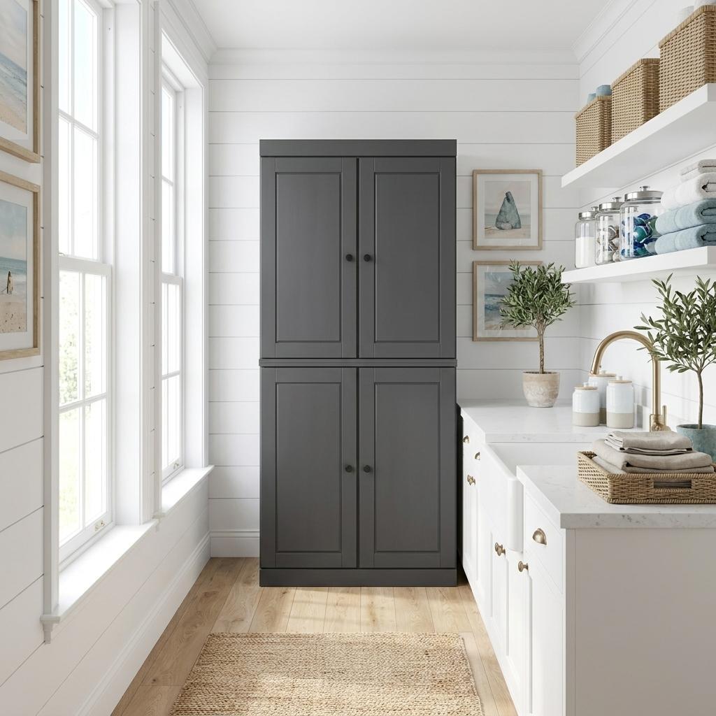 72" Gray Solid Wood Four Door Two Drawer Pantry Or Storage Closet