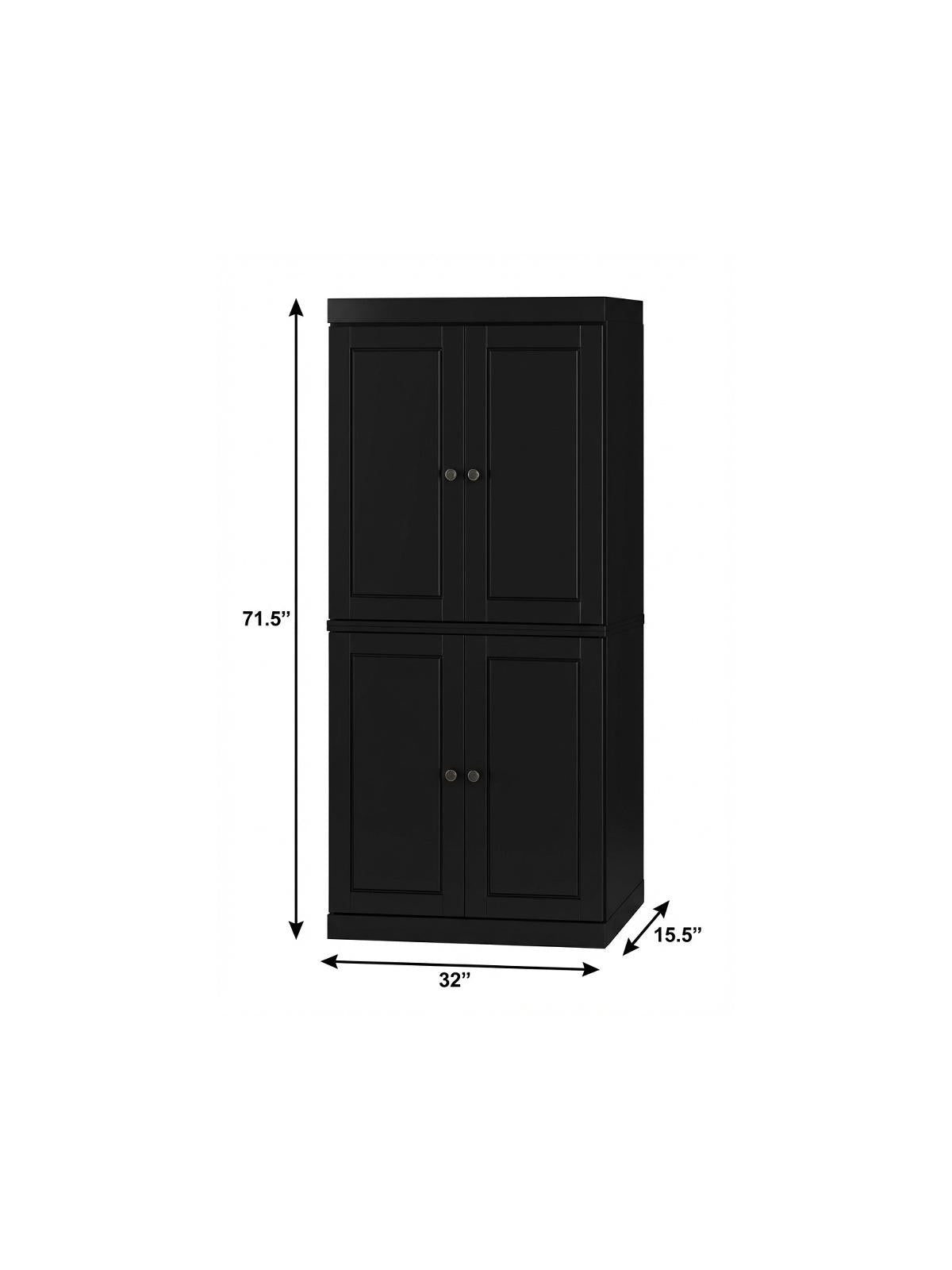 72" Black Solid Wood Four Door Two Drawer Pantry Or Storage Closet