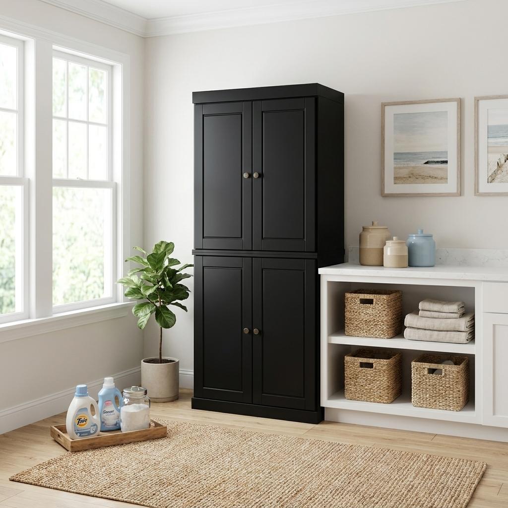 72" Black Solid Wood Four Door Two Drawer Pantry Or Storage Closet