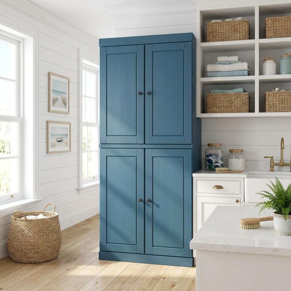 72" Teal Blue Solid Wood Four Door Two Drawer Pantry Or Storage Closet