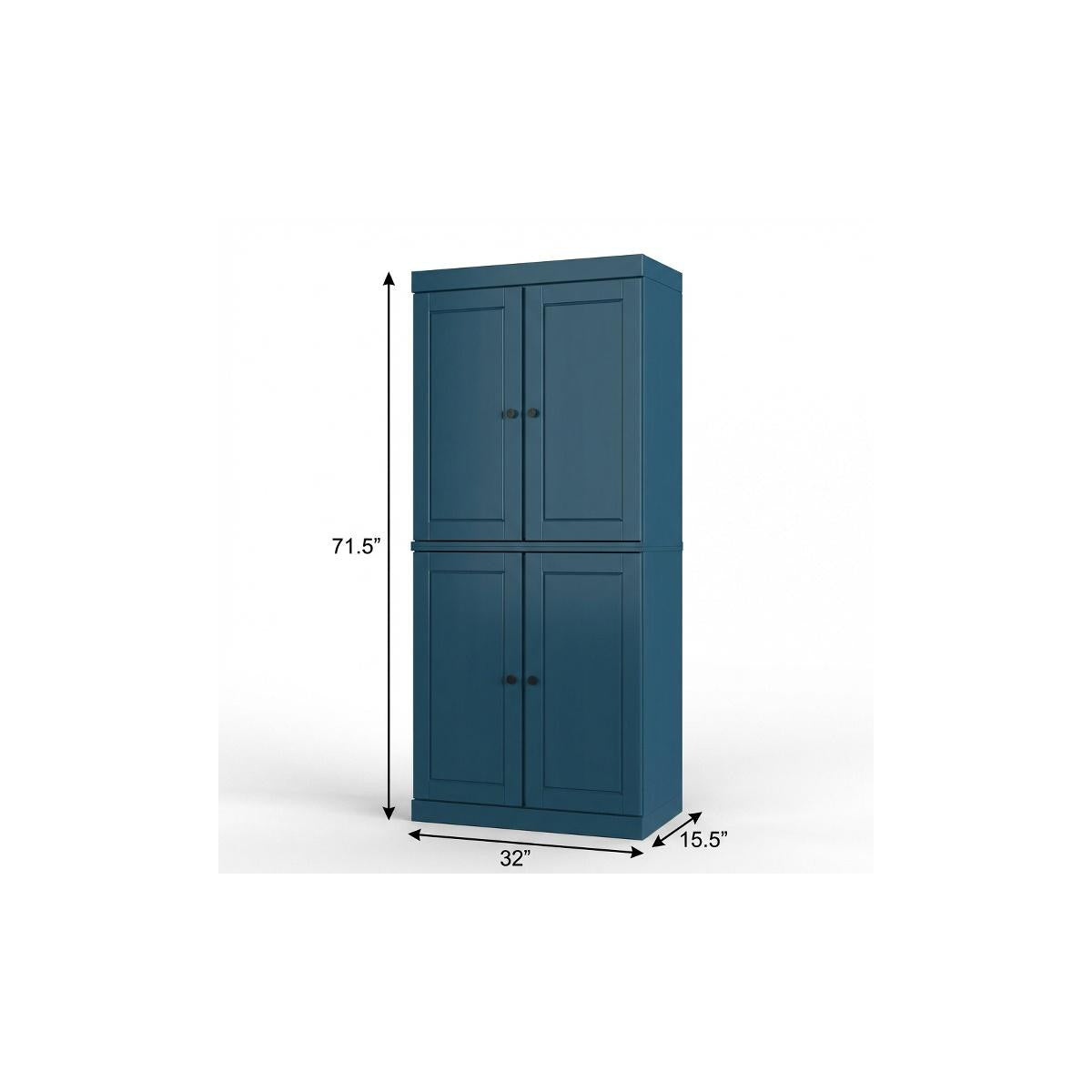 72" Teal Blue Solid Wood Four Door Two Drawer Pantry Or Storage Closet