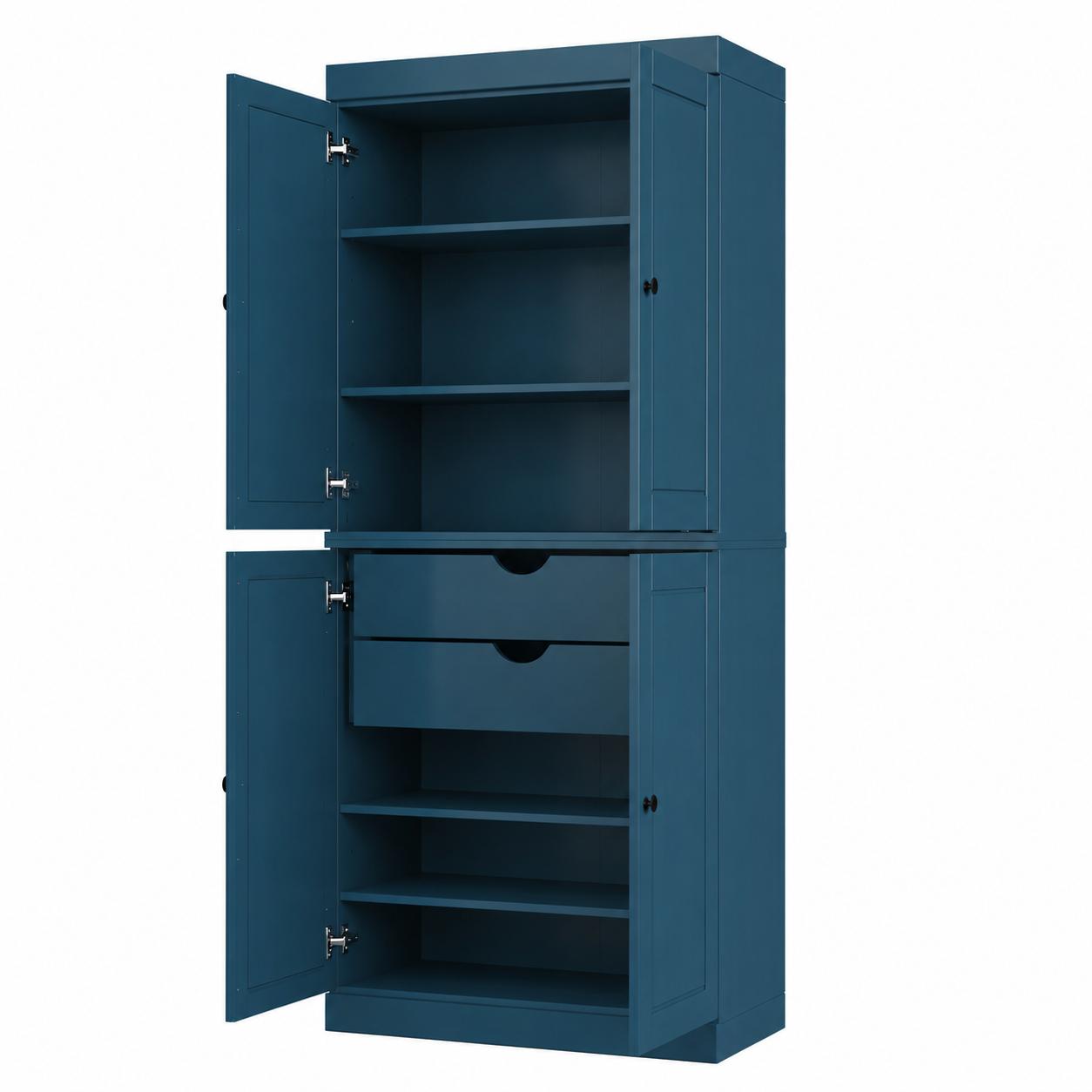 72" Teal Blue Solid Wood Four Door Two Drawer Pantry Or Storage Closet