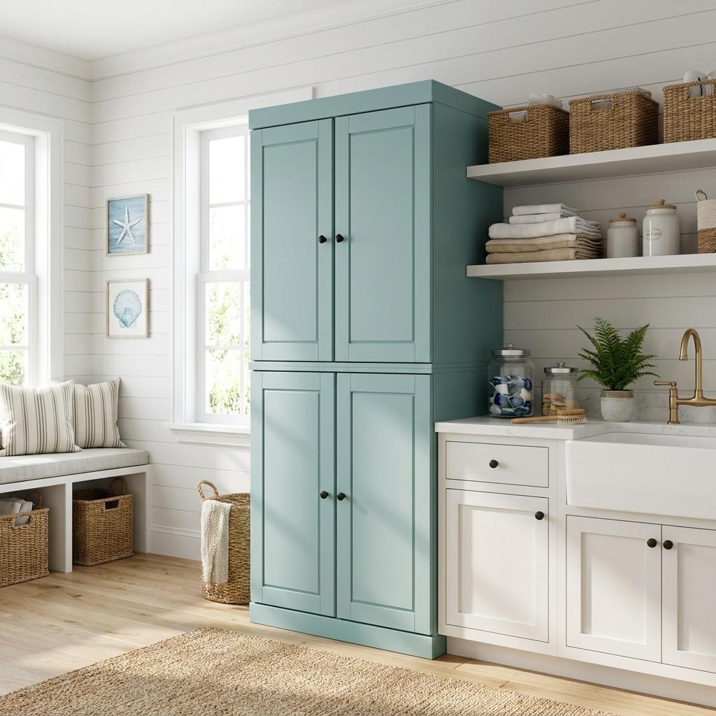 72" Aqua Solid Wood Four Door Two Drawer Pantry Or Storage Closet