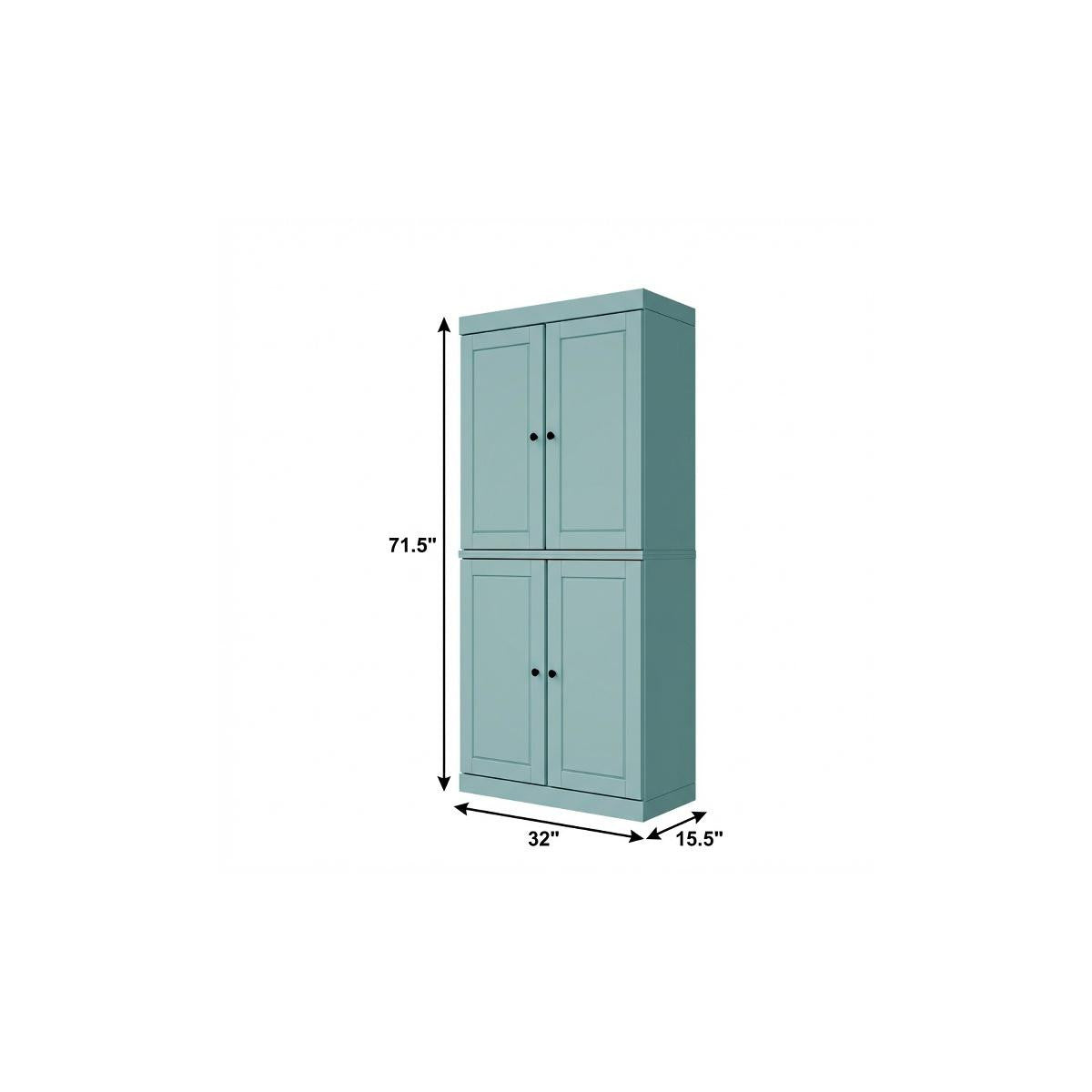72" Aqua Solid Wood Four Door Two Drawer Pantry Or Storage Closet