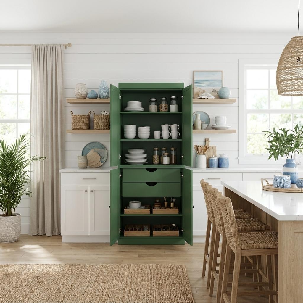 72" Green Solid Wood Four Door Two Drawer Pantry Or Storage Closet