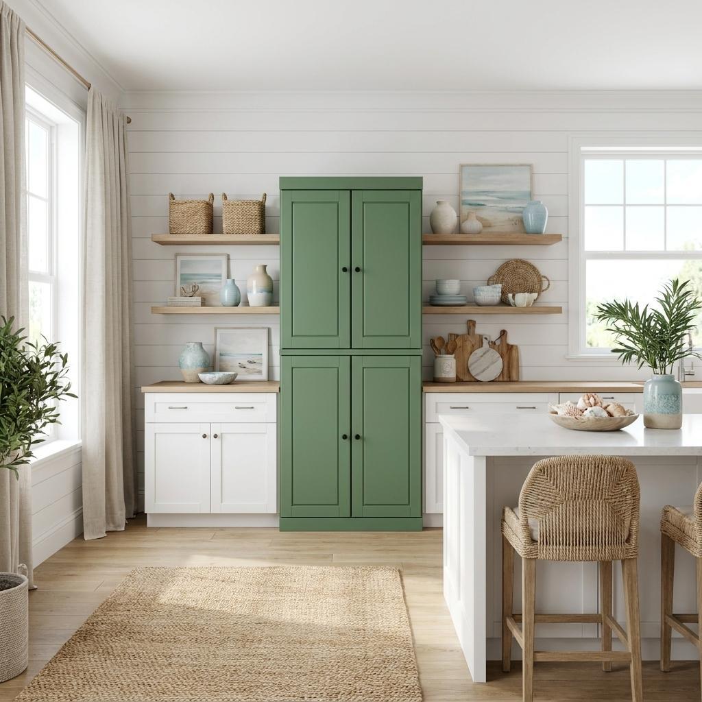 72" Green Solid Wood Four Door Two Drawer Pantry Or Storage Closet