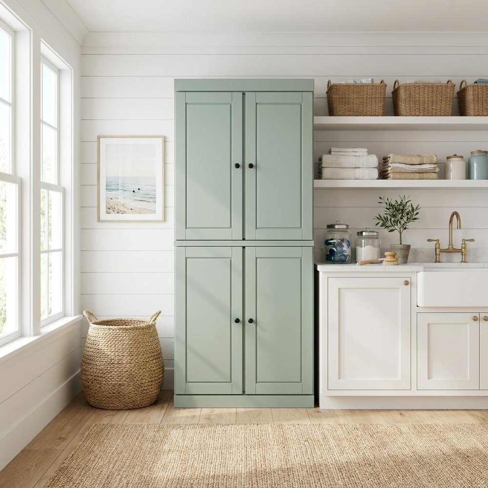 72" White Solid Wood Four Door Two Drawer Pantry Or Storage Closet