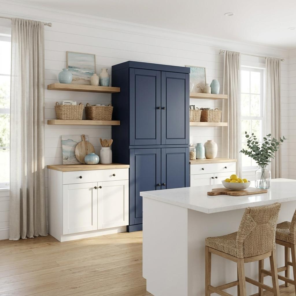 72" Navy Blue Solid Wood Four Door Two Drawer Pantry Or Storage Closet