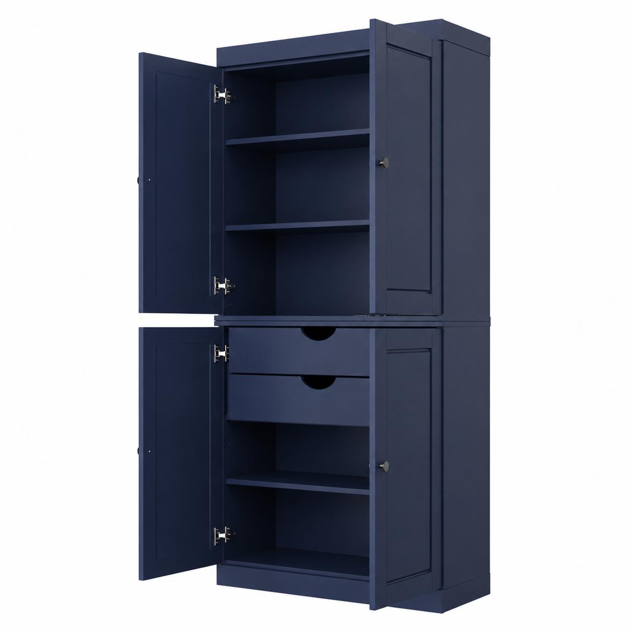 72" Navy Blue Solid Wood Four Door Two Drawer Pantry Or Storage Closet