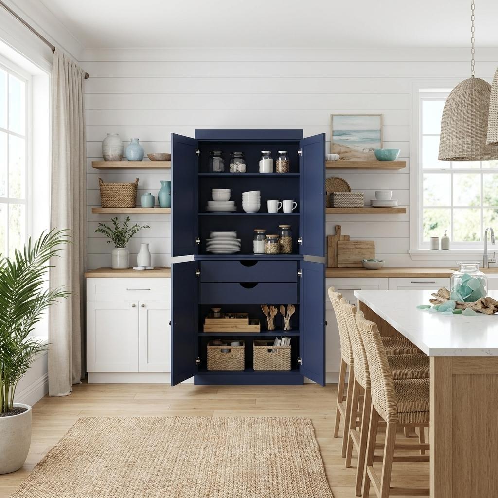 72" Navy Blue Solid Wood Four Door Two Drawer Pantry Or Storage Closet