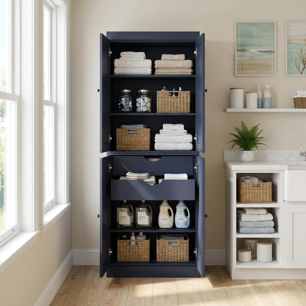 72" French Blue Solid Wood Four Door Two Drawer Pantry Or Storage Closet