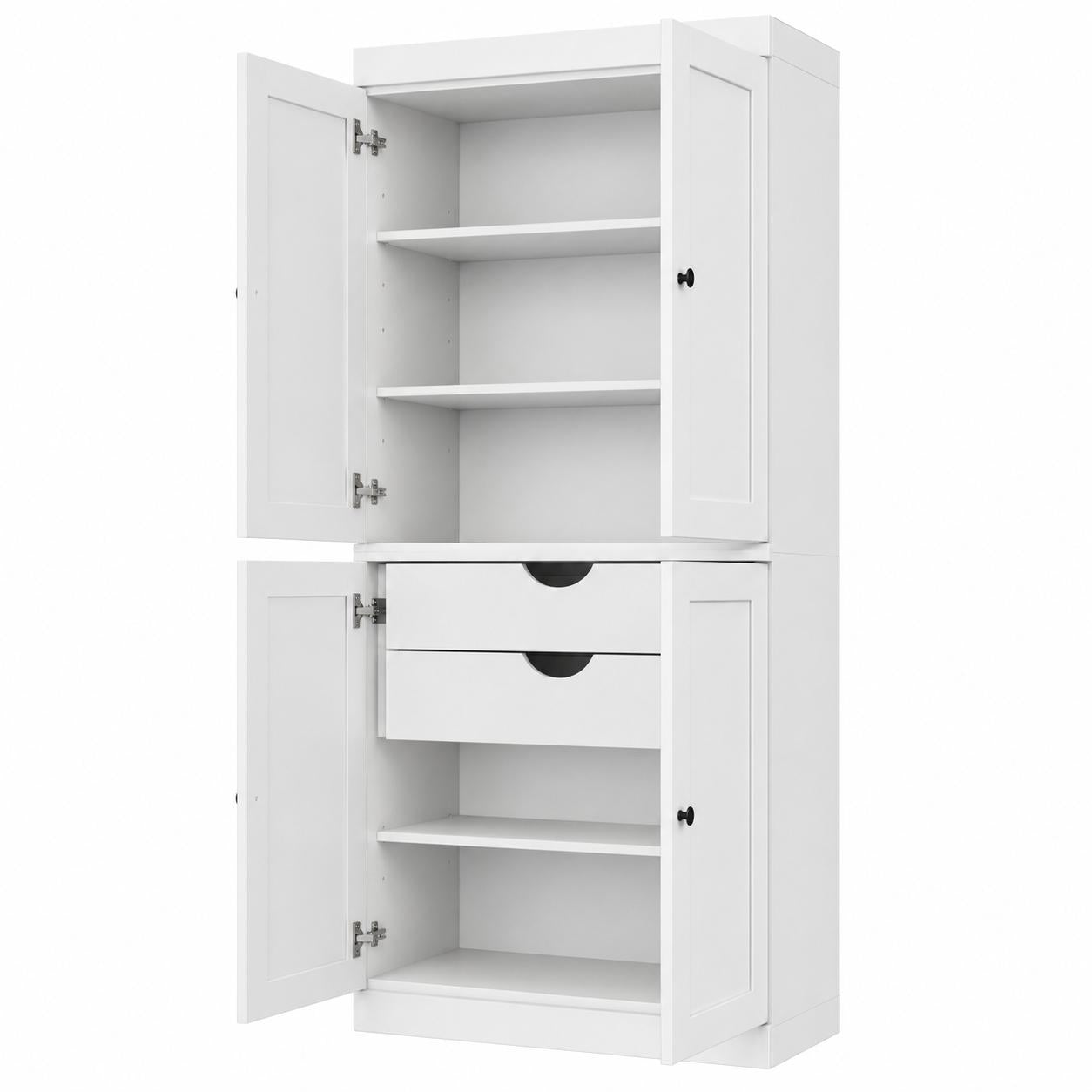 72" White Solid Wood Four Door Two Drawer Pantry Or Storage Closet