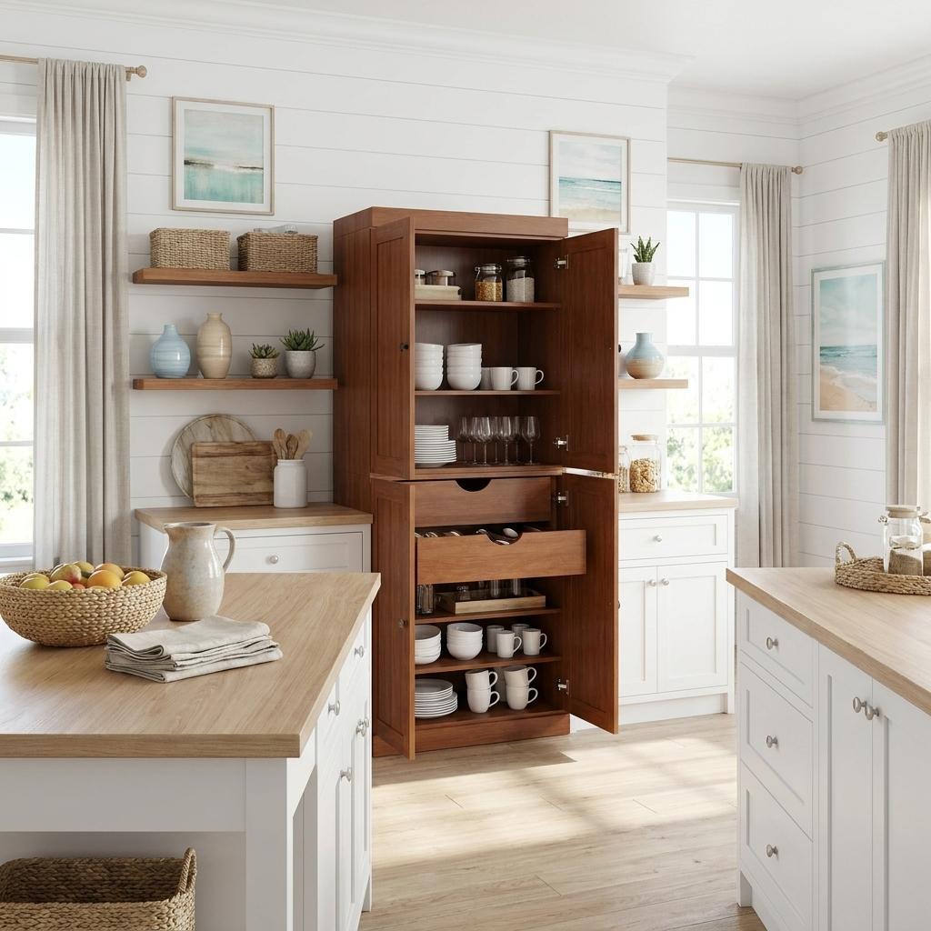 72" Coffee Solid Wood Four Door Two Drawer Pantry Or Storage Closet