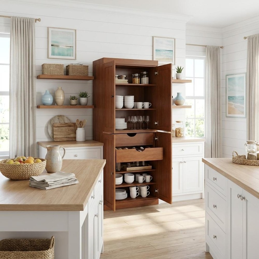 72" Coffee Solid Wood Four Door Two Drawer Pantry Or Storage Closet