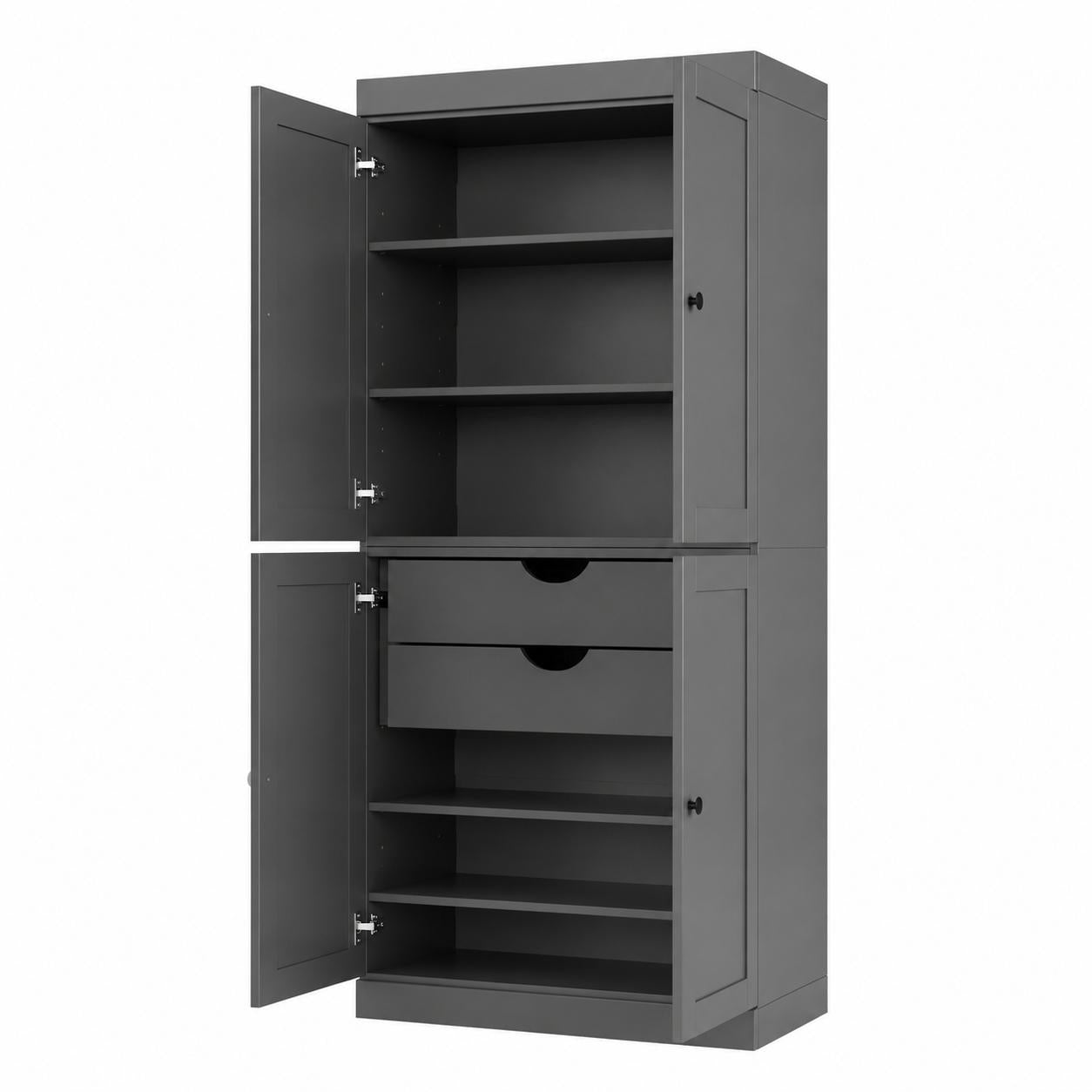 72" Gray Solid Wood Four Door Two Drawer Pantry Or Storage Closet